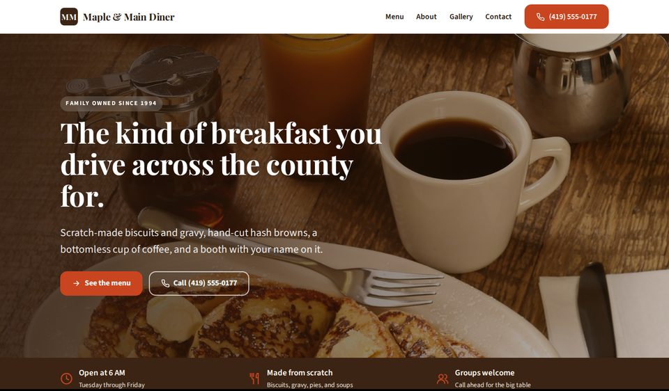 Example website for a diner